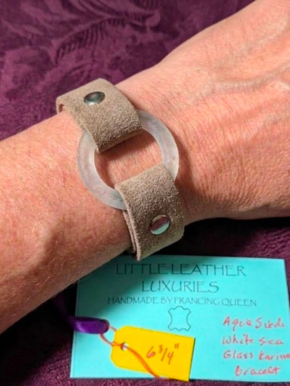Handmade Genuine Suede Leather Karma Circle Bracelet White Sea Glass Silver